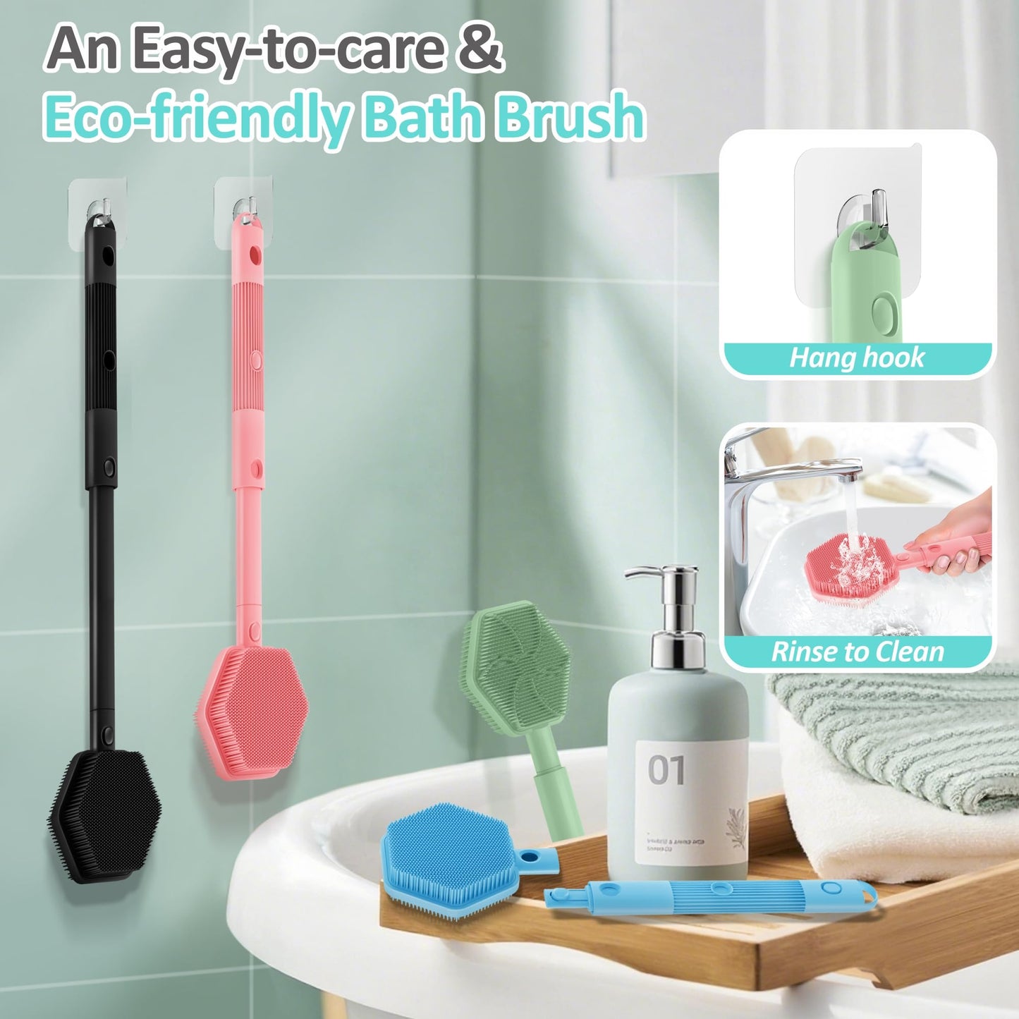 GEENOA Silicone Back Scrubber & Soft Bath Glove 2PCS, 16''- 21''Extendable Back Scrubber with Dual-Side Large Head, 360° Anti-Slip Hand-fit Silicone Body Scrubber for Rich Foaming Deep Cleaning(Green)