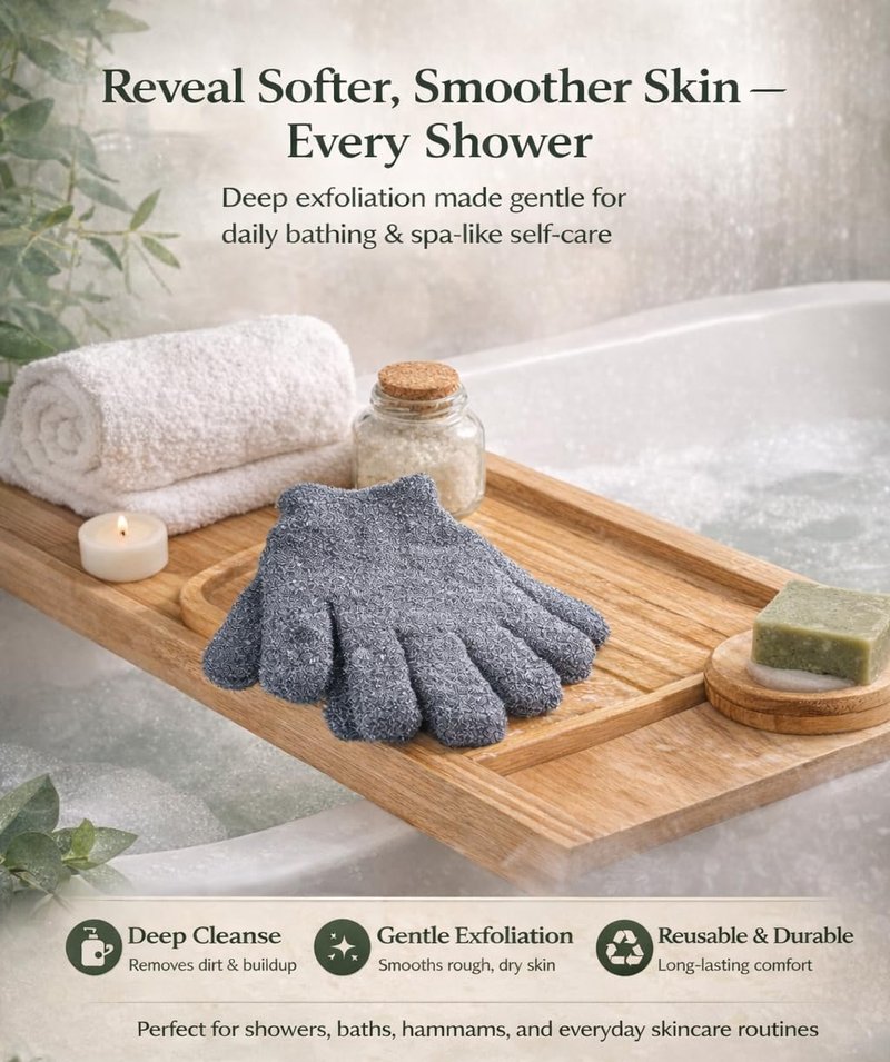 Double-Layer Exfoliating Gloves for Body Scrub – Deep Cleansing Bath Shower Gloves, Dead Skin Remover, Body Exfoliator for Smooth Skin, Reusable Spa Mitts for Men & Women, 4 Pcs, Beige