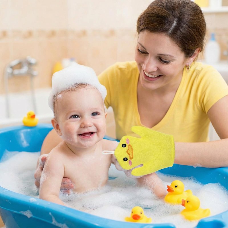 FNANJWQ 2 Pieces Baby Bath Mitt Washcloths Gloves, Microfiber Soft Washcloths for Kids Designed in Cute Animal Yellow Duck Frog Gentle Scrub for Baby Girl Boy Bath Shower