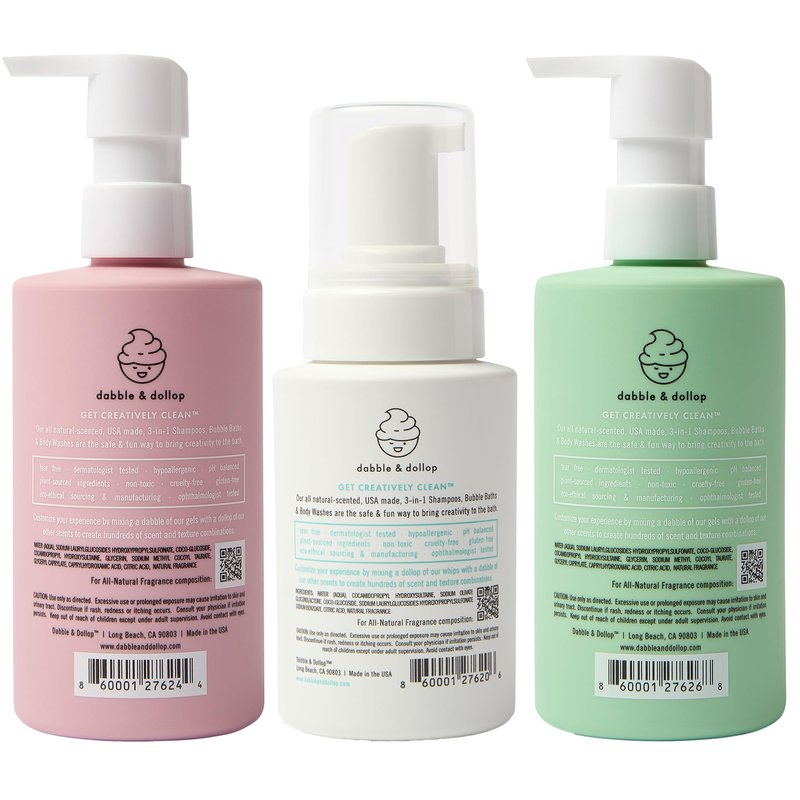 Dabble & Dollop Beachy Kids 3-in-1 Body Wash, Shampoo & Bubble Bath Variety Set – Coconut, Honeydew & Vanilla, Tear-Free, Gentle, Hypoallergenic and Safe for Sensitive Skin (Pack of 3)