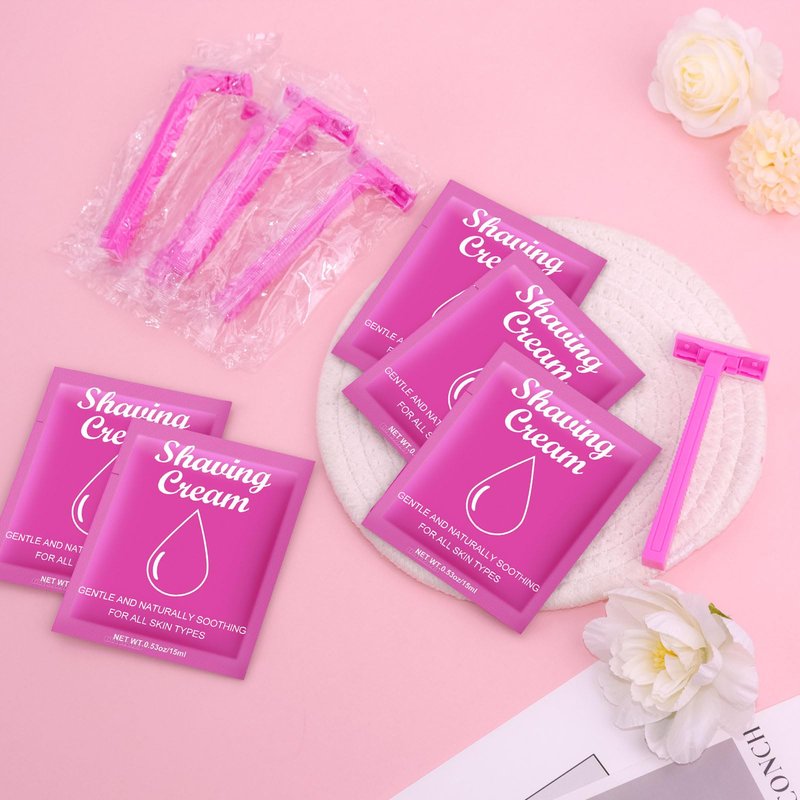 Women's Disposable Razors Individually Wrapped and Womens Shaving Cream Bulk Travel,Twin Blade,Disposable Razors Women Bulk with Clear Safety Cap Care Dry Skin 0.53oz Shave Gel for Travel Guests
