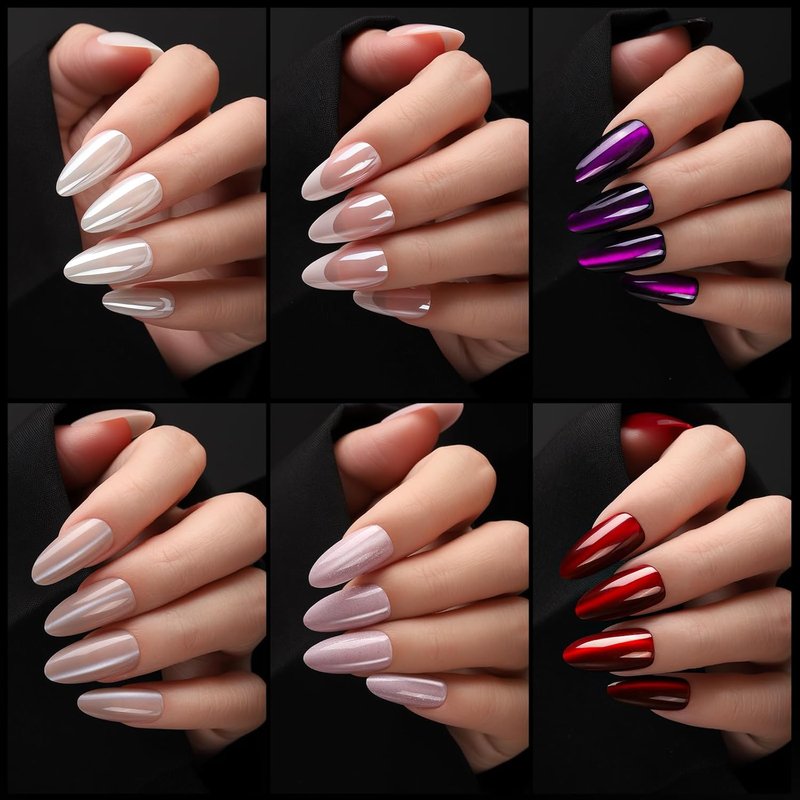 Almond Press On Nails - Cat Eye Glossy French Tip Set | 6 Iridescent Colors for Salon Quality Manicure