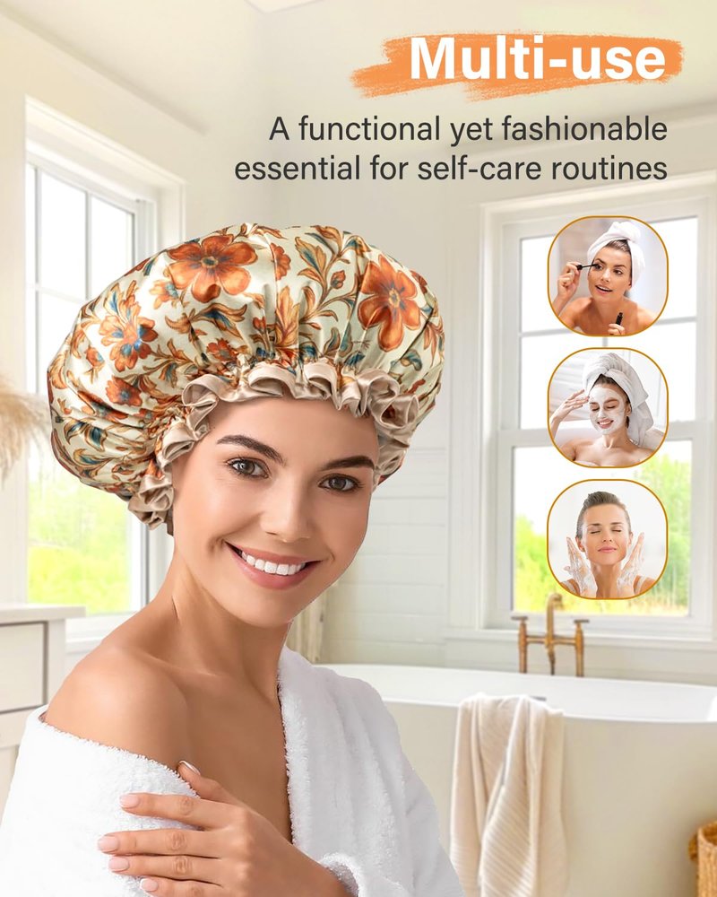 mikimini Large Shower Cap for Women Reusable Waterproof, Extra Large Hair Cap with Adjustable Elastic Band and Vibrant Floral Print, XL Bath Cap for Long Hair & Short Hair, 2 Pcs