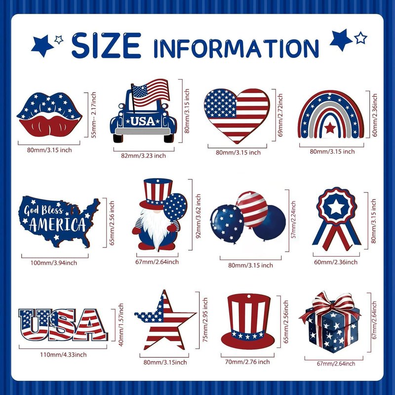 12 Pcs 4th of July Patriotic Hanging Ornaments Red White Blue USA Flag Wooden Decorations Independence Day Gnome Star Heart Car Ornaments for Home Party Tree Decor