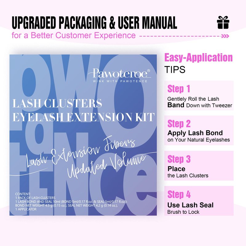 Pawotence Lash Extension Kit DIY 40D 12-18mm Individual Lashes Clusters Kit 280pcs Cluster Eyelash Extensions Kit with Lash Bond and Seal, Tweezers for Self Application (Long 40D, 12-18mm, Kit)