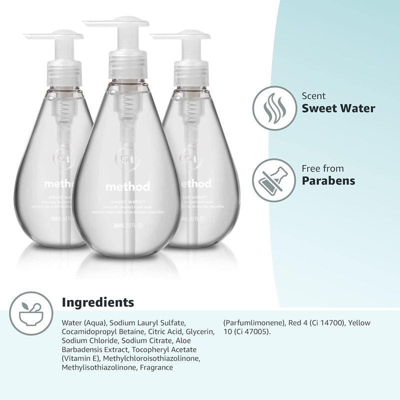 Method Gel Hand Soap - Sweet Water Scent | 12 Fl Oz (Pack of 3) - Gentle & Moisturizing Formula