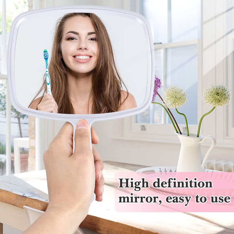 Jetec 3 Pcs Hand Handheld Mirrors with Handle Bulk, Small Portable Salon Barber Hairdressing Vanity Cosmetic Mirror for Travel, Home, Square(9.17 x 6.53 Inch,Blue, White, Pink)