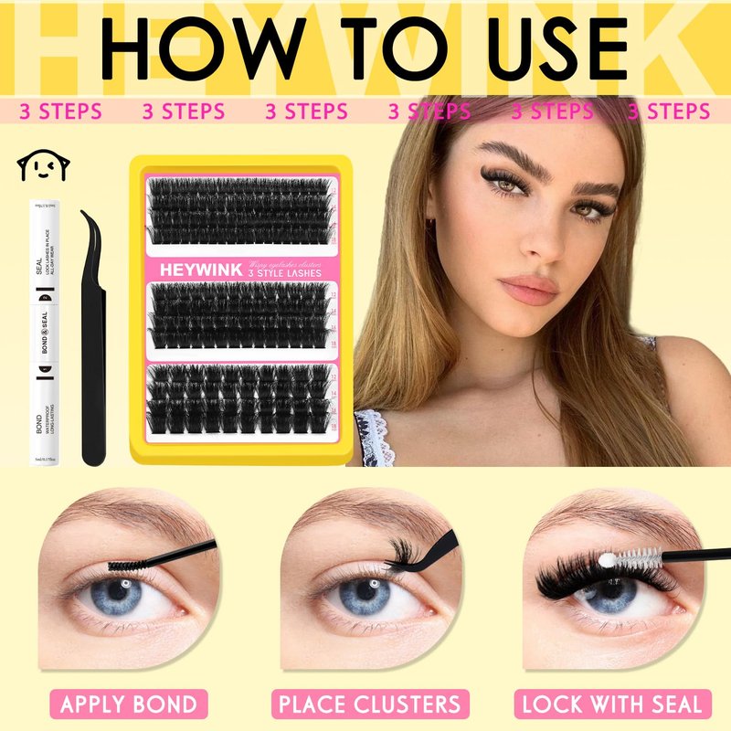 HEYWINK Lash Clusters Kit 60D 80D 100D Thick Cluster Eyelash Extensions 12-18mm Lash Clusters Individual Lash Extensions DIY Clusters Lashes Extension at Home (60D+80D+100D 12-18MM Kit)