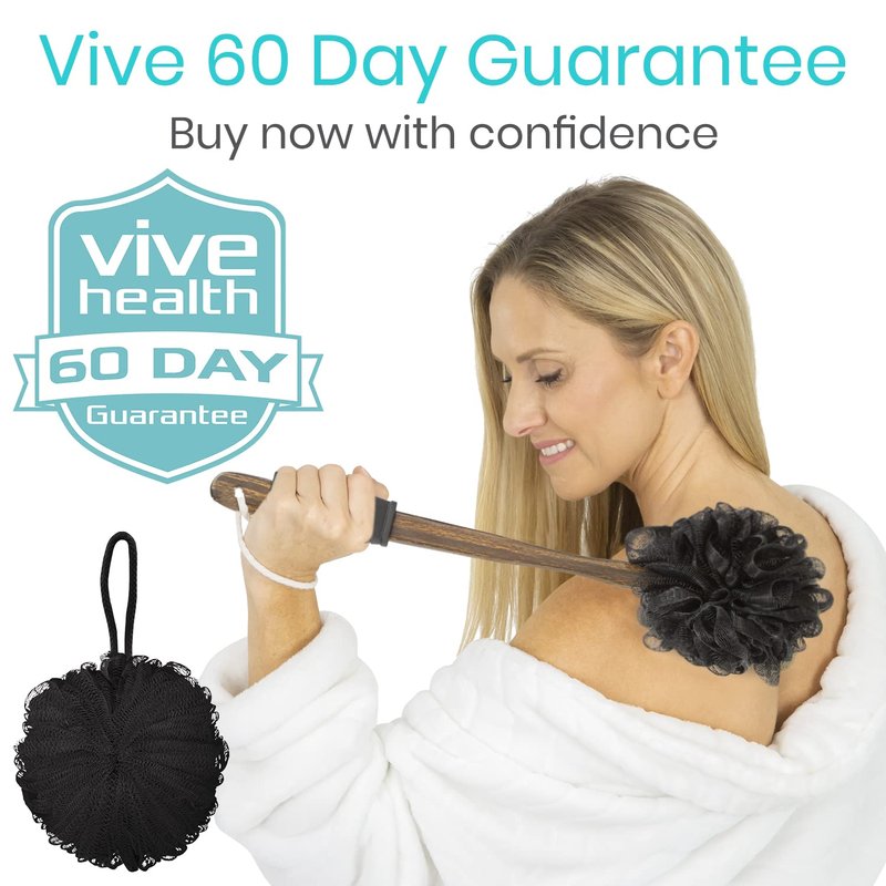 Vive 17” Shower Loofah with Long Handle - Exfoliating Back & Body Scrubber for Men & Women - Luffa Sponge on a Stick for Bathing, Cleaning - Includes Extra Handheld Lufa, Hook & String to Hang on Wall