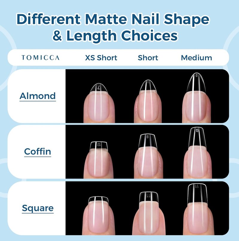 TOMICCA Extra Short Square Nail Tips - 240pcs Soft Gel Full Cover Clear Fake Nails for Beginners & Pros