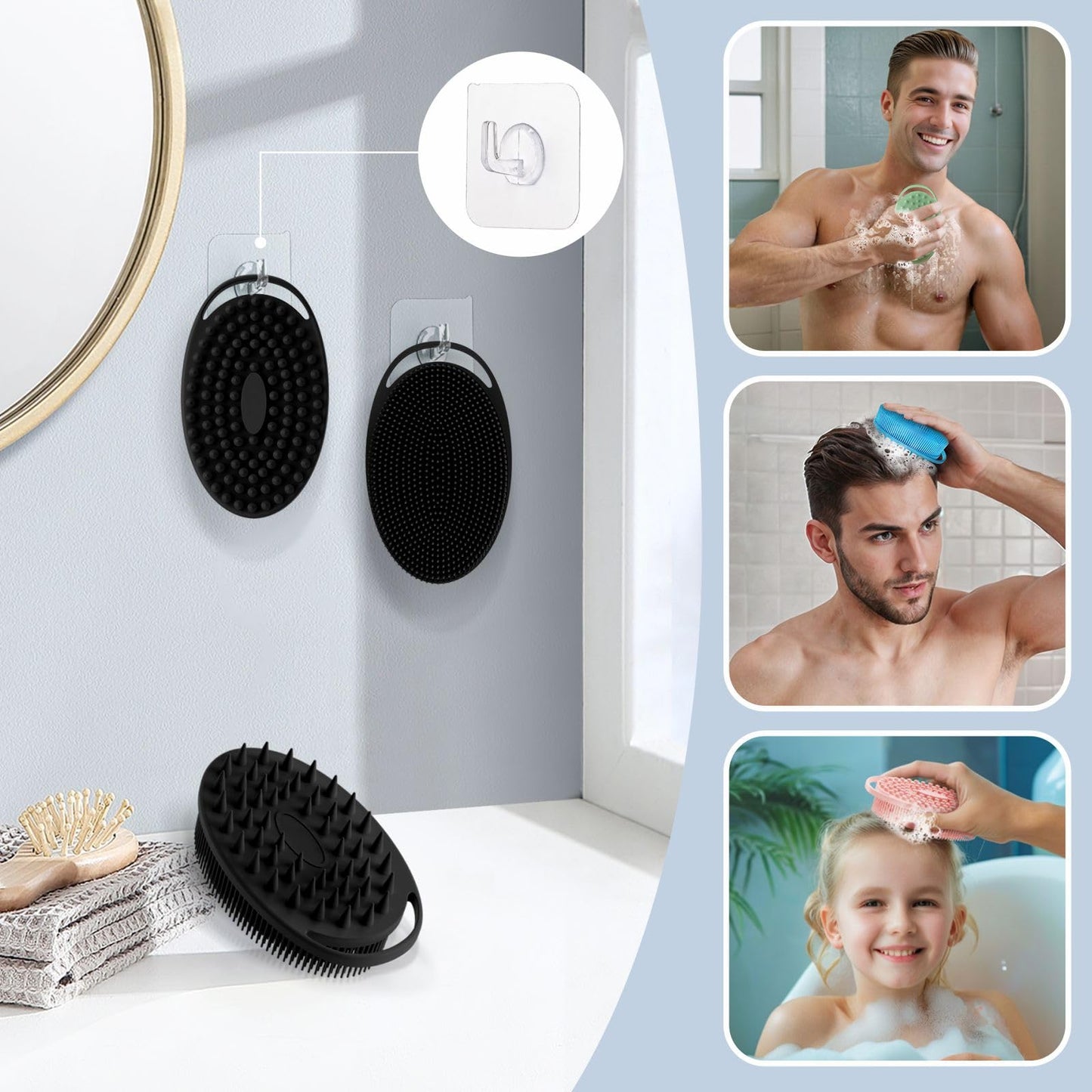 GEENOA Soft Silicone Body Scrubber 2PCS, 2-in-1 Bath & Shampoo Brush with Dual-Side Usage, Hygienic Silicone Loofah Shower Scrubber for Gentle Exfoliating & Good Lathering(Blackx2)