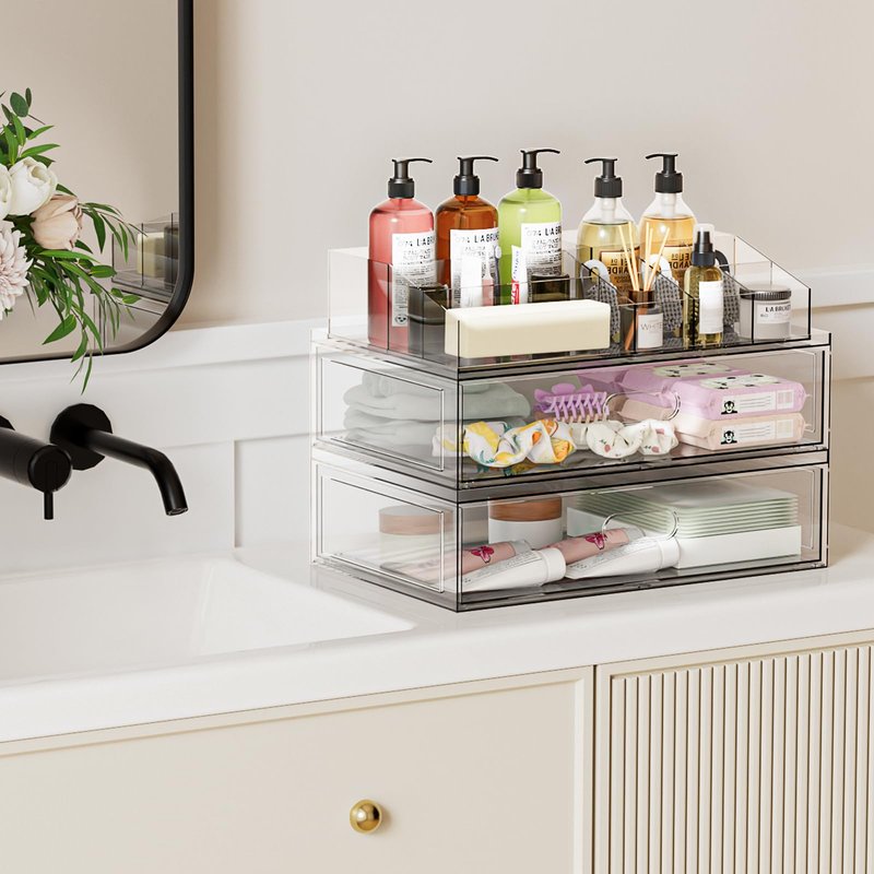 Clear Stackable Makeup Organizer with Drawer, 12''W Acrylic Storage Drawers, Cosmetic Display Case for Vanity Bathroom Countertop, Beauty Holder for Lipstick Brush Skincare Perfume