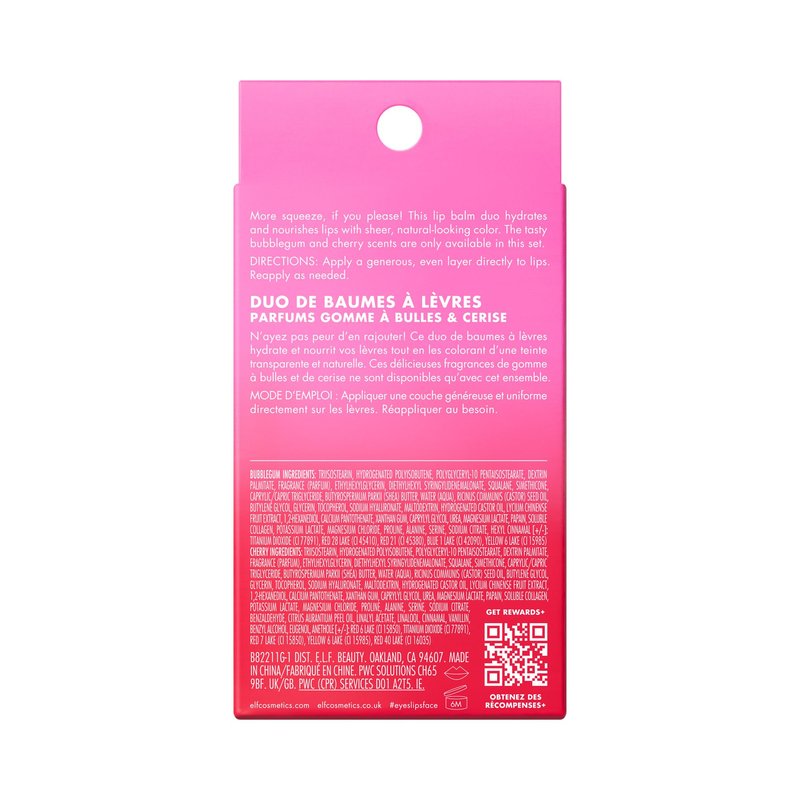 e.l.f. Squeeze Me More Lip Balm Duo, Moisturizing Balm For A Sheer Tint Of Color, Made With Hyaluronic Acid, Vegan & Cruelty-Free, Cherry & Bubblegum