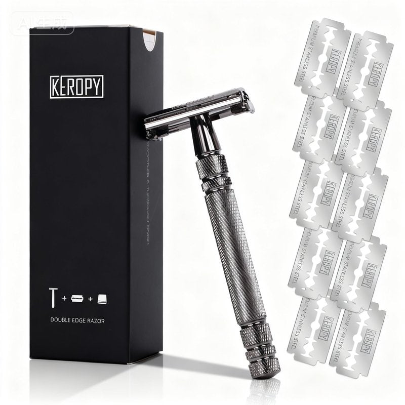 Double Edge Safety Razor for Men with 10 Double Edge Safety Razor Blades, Single Blade Butterfly Razor - Men Metal Razor for Shaving, Traditional One Blade Razor Kit - Gloss Black