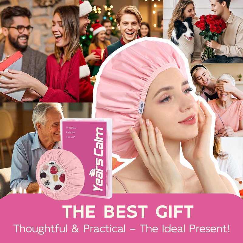 Years calm Waterproof Shower Cap for Women - Double-Layer Reusable Bath Cap with Elastic Band for Long/Short/Curly/Braids Hair, Washable & Travel-Friendly, Fit for Shower, Spa (Beige Shower Cap)