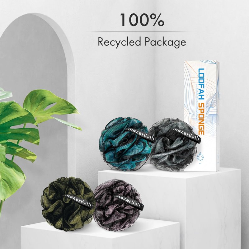 AmazerBath Charcoal Loofah Sponge, Large Shower Loofah 75g/PCS - Body Scrubber Loofa Set of 4 - Charcoal Blue, Gray, Pink & Army Green, Bath Sponge for Men and Women