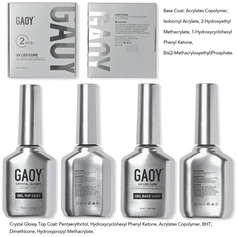 GAOY Crystal Glossy Gel Top and Base Coat Set, 16ml 2 Pcs High-Gloss Top Coat and No Wipe Foundation Combination for UV Light Gel Nail Polish