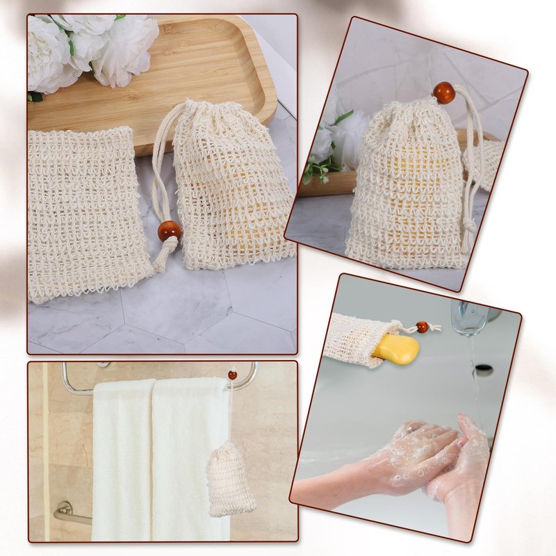 Oqqlin 50 Pcs Soap Saver Bag, 5.5 × 3.5 Inch Natural Cotton Linen Soap Pouch Mesh Exfoliating Hand Made Soaps Savers with Drawstring for Bath, Shower, Massaging