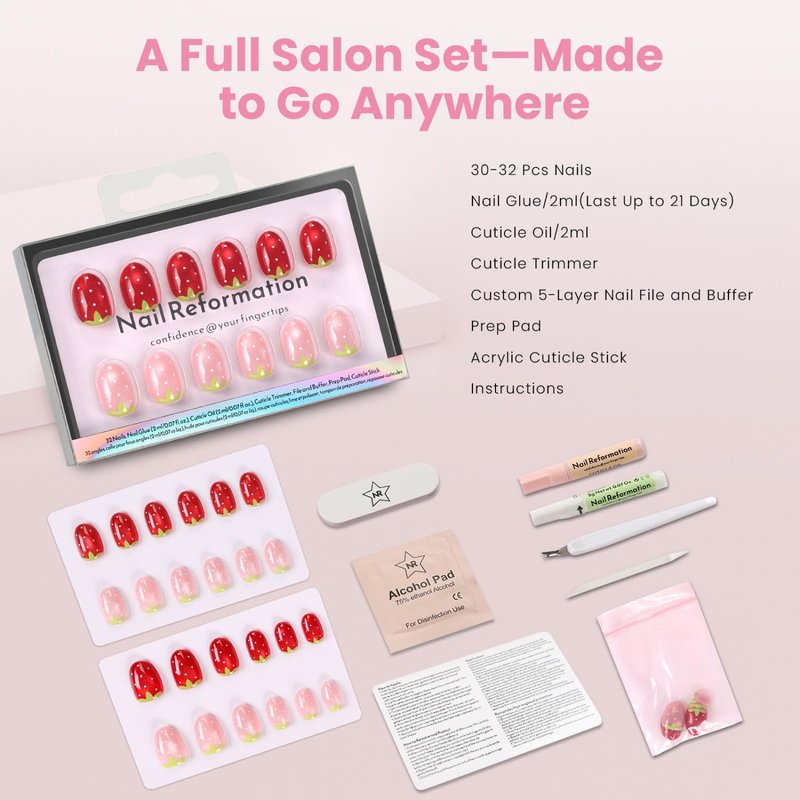 Nail Reformation Press On Nails, Strawberry Candy | Red & Pink Extra Short Round Fake Nails with Velvet Cat Eye Shimmer, Reusable Stick On Nails Kit - 32 Pcs in 16 Sizes, Manicure Gifts for Women