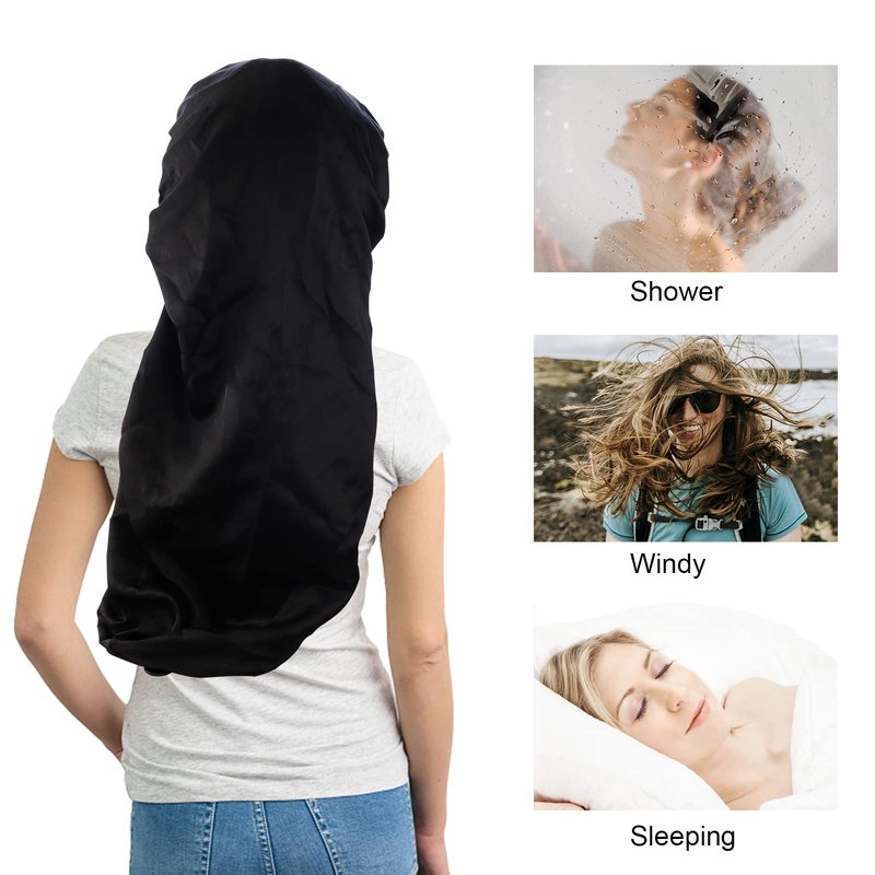TCOTBE 3 Pcs Foldable Extra Long Sleeping Caps Soft Stain Satin Hair Braid Bonnet with Button Comfortable Single Lay Hair Covers Long Braids Bonnet for Women with Long Hair Deadlocks Curly Hair Blue