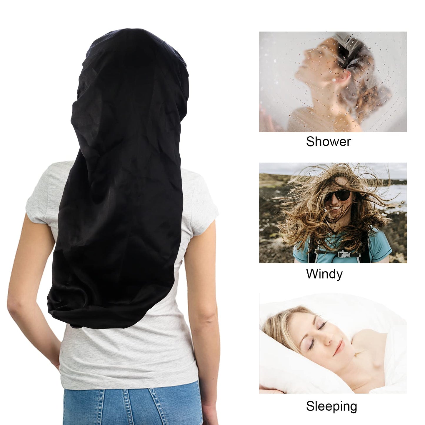 TCOTBE 3 Pcs Foldable Extra Long Sleeping Caps Soft Stain Satin Hair Braid Bonnet with Button Comfortable Single Lay Hair Covers Long Braids Bonnet for Women with Long Hair Deadlocks Curly Hair Blue