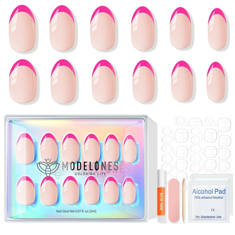 Modelones French Tip Press-On Nails - Reusable Short Oval Fake Nails Kit | 32 Pcs in Hot Pink, 16 Sizes