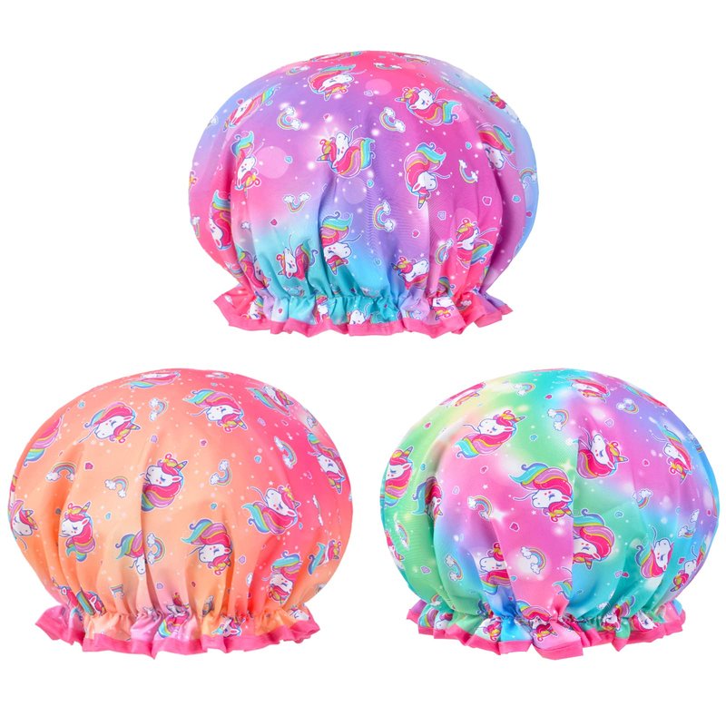 Olypegic Kids Shower Cap, 3 Pcs Girls Shower Cap for Kids Reusable Waterproof Adjustable Large Hair Cap Unicorn Mermaid Rainbow Cute Hair Cover Hat