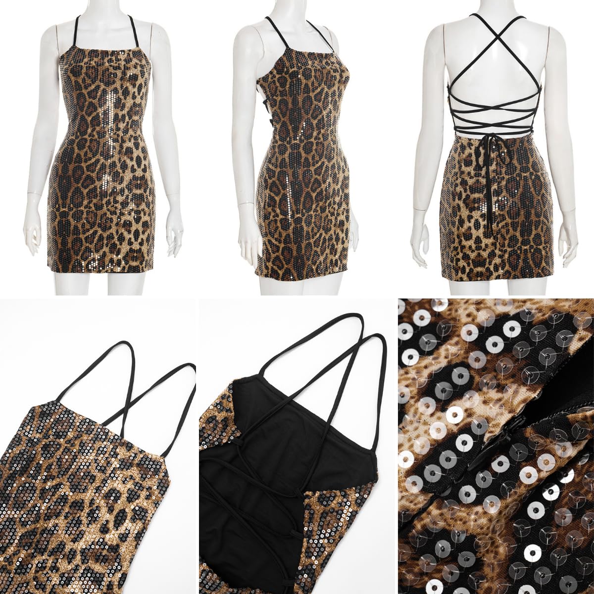 Suillty Women's Sparkly Sequin Leopard Backless Lace Up Mini Dress Shiny Spaghetti Strap Halter Bodycon Party Club Evening Dresses