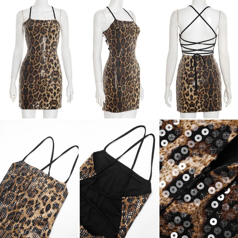 Suillty Women's Sparkly Sequin Leopard Backless Lace Up Mini Dress Shiny Spaghetti Strap Halter Bodycon Party Club Evening Dresses