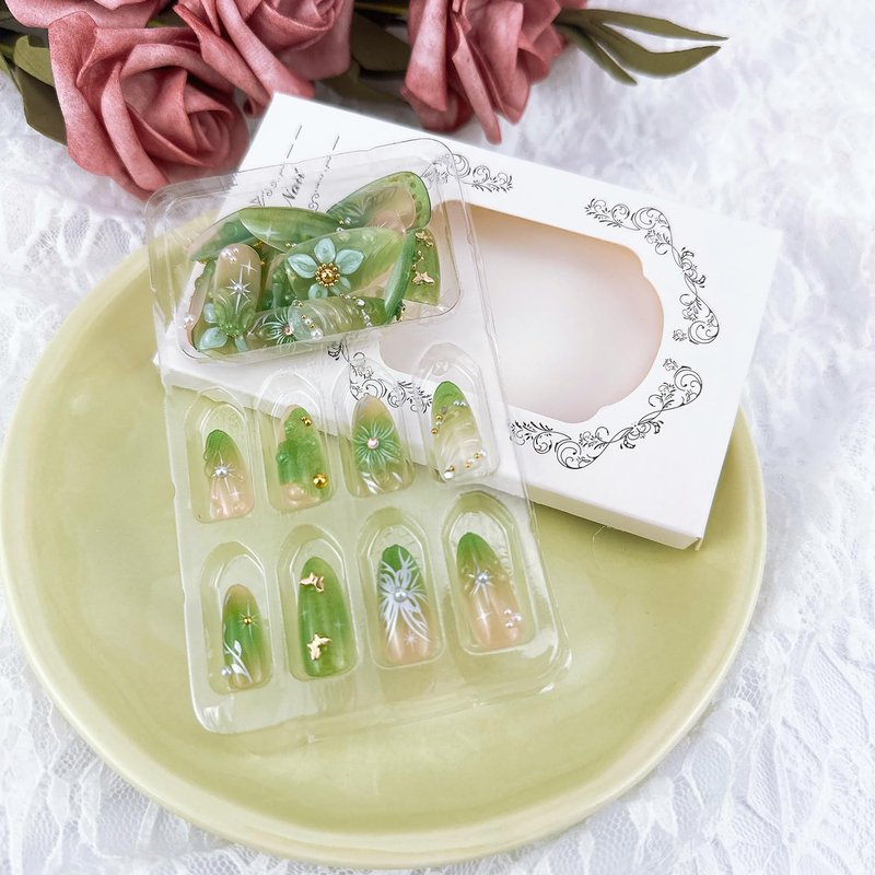 Skiennix 30pcs Green Press-On Nails - Medium Almond Shape with 3D Floral & Rhinestone Design