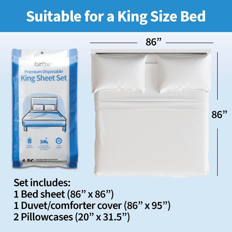 ForPro Premium Disposable Sheet Set, 4-PC King Size Bedding for Travel, Includes Bed Sheet, Duvet Cover and Two Pillowcases, White