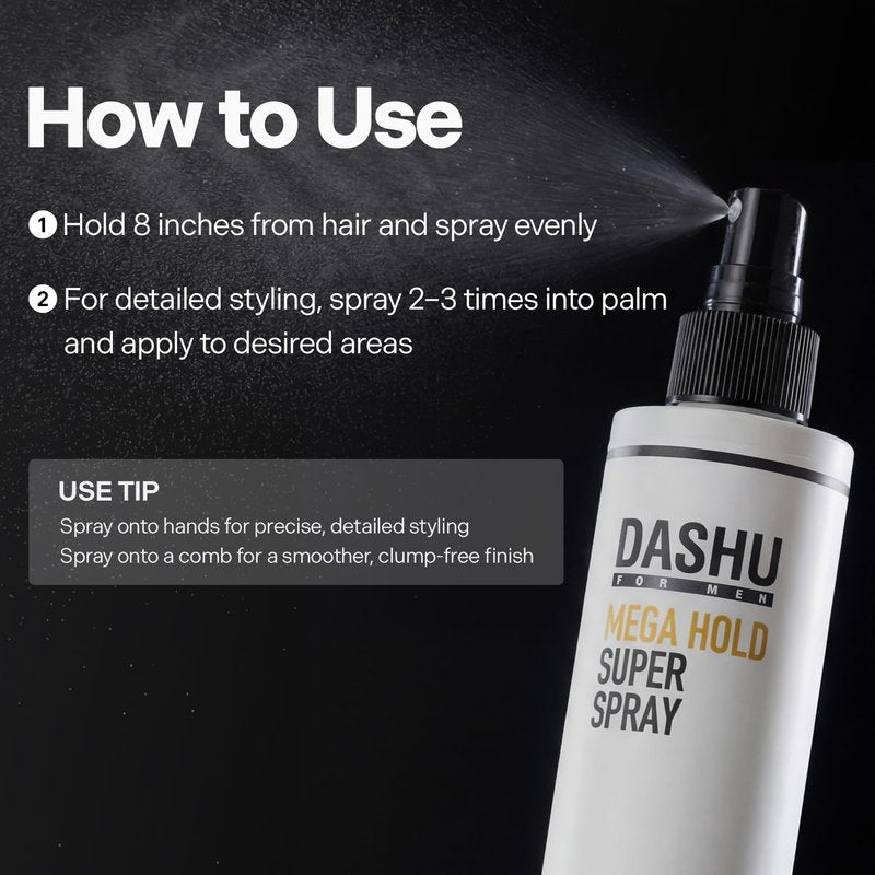 DASHU Mega Hold Super Hair Spray 8.45 fl oz – Ultra-Strong Fixation, Hairspray for Women & Men, Dryness Prevention, Natural Finish, Easy Wash-Out
