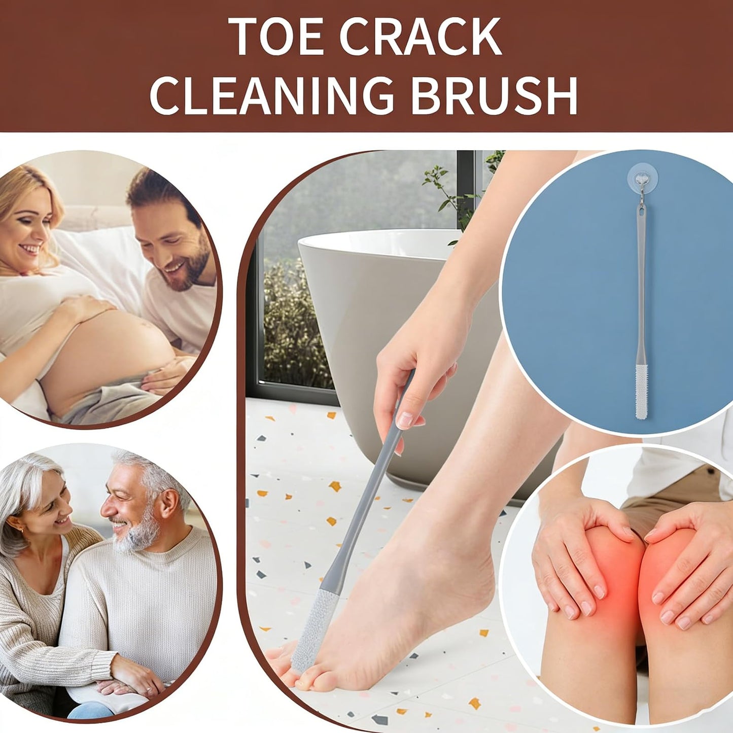 Toe Cleaning Brush, 15.7" Foot Scrubber with Long Handle Silicone Toe Gap Cleaner, Soft Rubber Brush Exfoliating Foot Scrubber for Shower - Seniors, Men and Women (Grey, 1 Set)