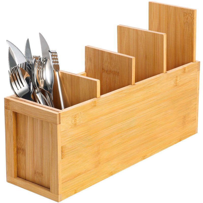 Yumkfoi Extra Large Bamboo Utensil Holder, 4 Section Kitchen Utensil Organizer for Countertop, Cooking Utensil Caddy Farmhouse Utensil Holder