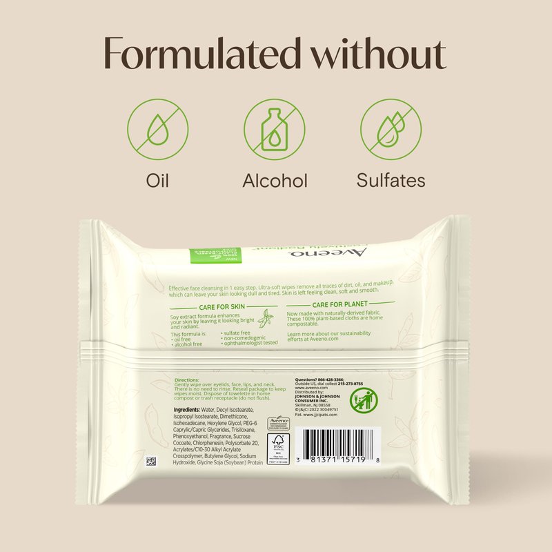 Aveeno Positively Radiant Alcohol Free Makeup Removing Wipes for Face, Ultra Soft, Gentle, Non-Comedogenic Facial Cleansing Wipes Leave Skin Feeling Clean & Soft, Sulfate Free, 25 Ct