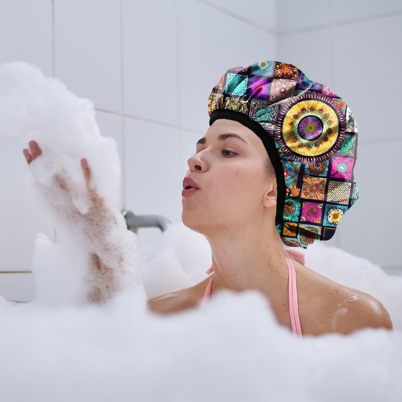 Cabreche Luxury Shower Cap Terry Lined Reusable Triple Layer Waterproof Hair Elastic Caps Shower Bath Hat for Women Girls Cute Aesthetic-Mandela