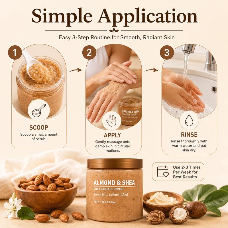 Veloura Shea Sugar Body Scrub with Almond & Shea Butter – Exfoliating Sugar Scrub for Body, Moisturizing Body Exfoliator for Dry & Dull Skin, Smooth Radiant Glow – 18 oz