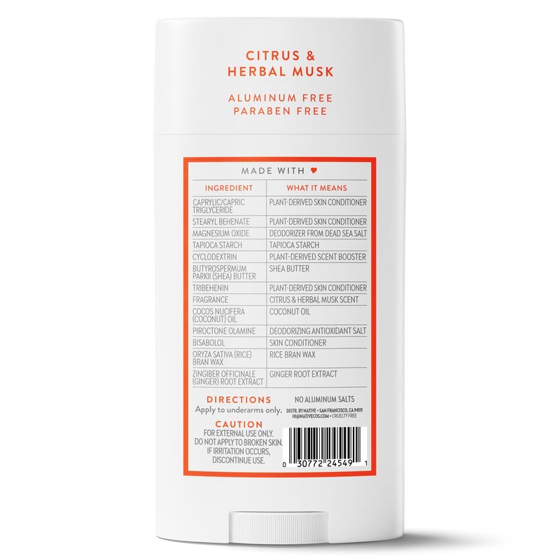 Native Aluminum Free Deodorant, Citrus & Herbal Musk, Large Size Stick, 72 Hour Odor Control, for Women & Men, Contains Naturally Derived Ingredients, 3.1 oz