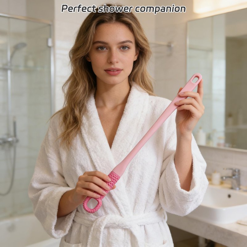 Odetina Long Handle Toe Cleaning Brush for Shower, Soft Rubber Toe Cleaner Between Toes, Exfoliating Foot Scrubber Foot Brush for Seniors, Men, Women - 1 Set (Pink)
