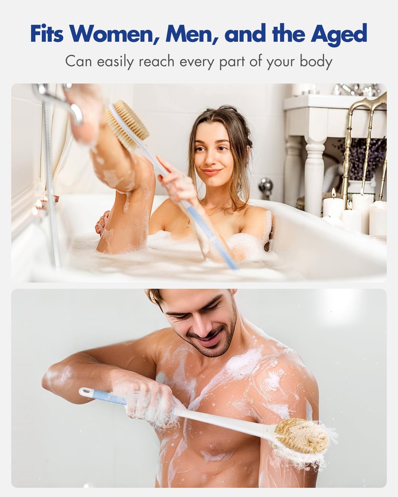Back Scrubber Body Shower Brush: 20.5‘’ Extra Long Anti Slip Handle Bath Brush with Stiff and Soft Bristles - Showering Exfoliator Wet or Dry Brushing for Women, Men, Elderly (Blue)