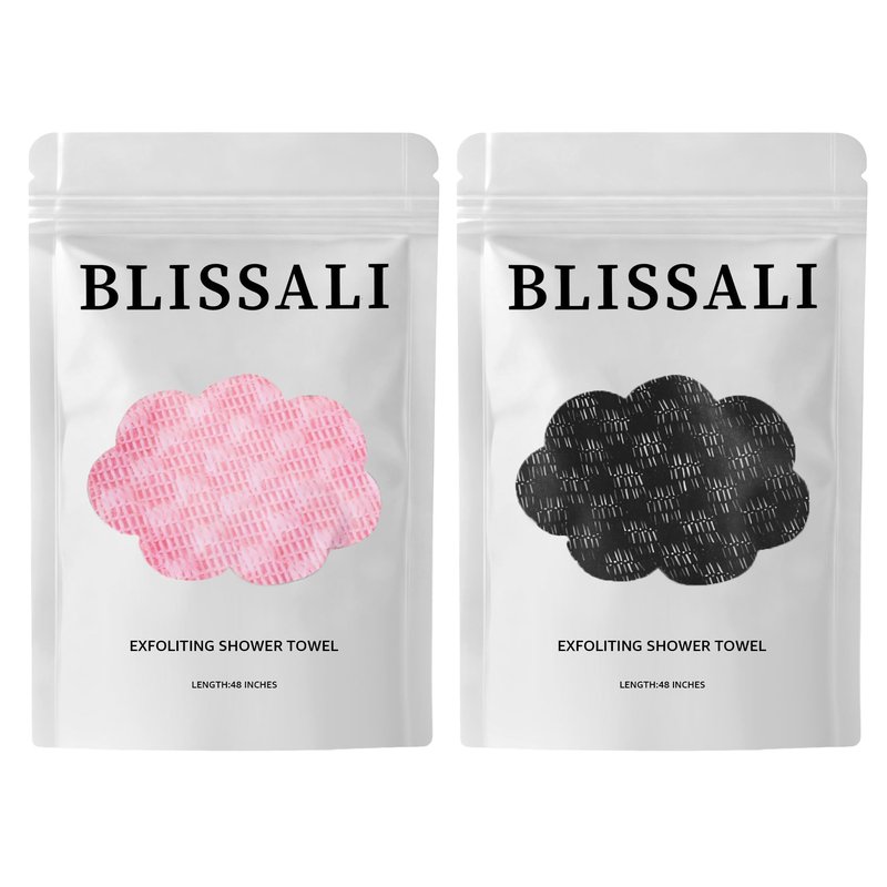 2Pcs Exfoliating Washcloth Towel, Long Dual-Sided Exfoliating Body Scrubber Exfoliator, Back Scrubber Deep Cleansing & Gentle Exfoliation, Quick-Drying Bath Towel for All Skin Types (Black & Pink)