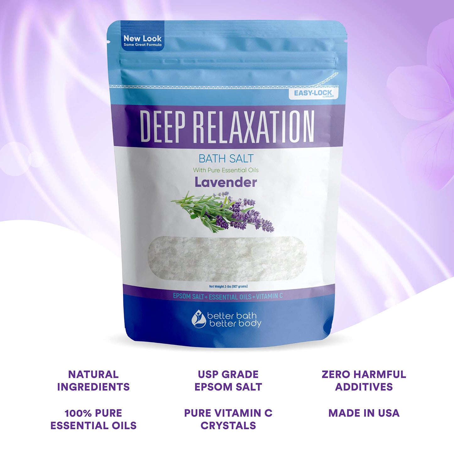 Deep Relaxation Bath Salt 128 Ounces Epsom Salt with Natural Lavender Essential Oil Plus Vitamin C in BPA Free Pouch