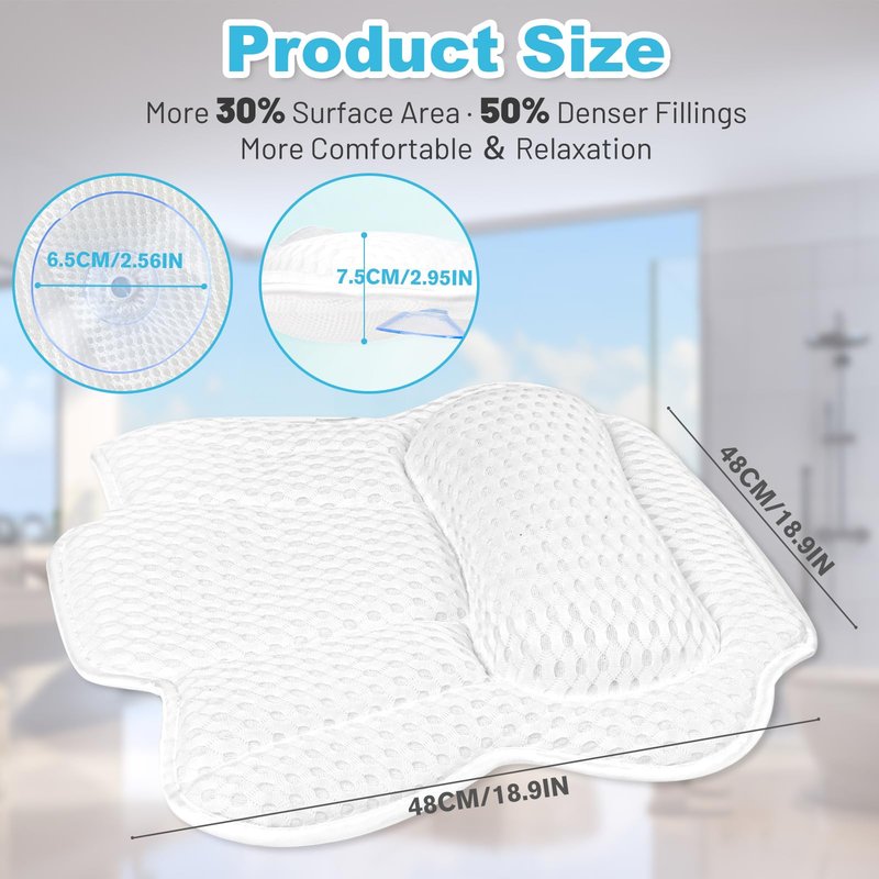 Bath Pillows for Tub, Ergonomic Bathtub Pillow for Head, Neck & Back Support, Soft Spa Cushion Washable with 4D Mesh & Non-Slip Suction Cups, Relaxing Hot Tub Accessories & Spa Gifts for Women and Men