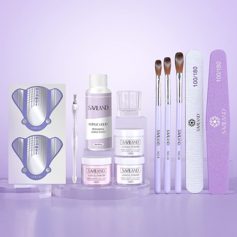 Saviland Acrylic Nail Kit: French Sculpture Set with Clear/Nude/Pink Powder and Liquid, Brush, Cuticle Oil for Professional DIY Nail Art - Beginner Set