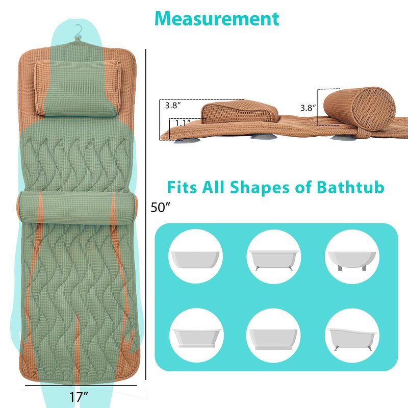 AEROiVi Full Body Bath Pillow with Adjustable Lumbar Roll Pillow Bathtub Cushion with 14 Suction Cups 3D Air Mesh Fit Any Tub Gray Bathroom Accessories Brown