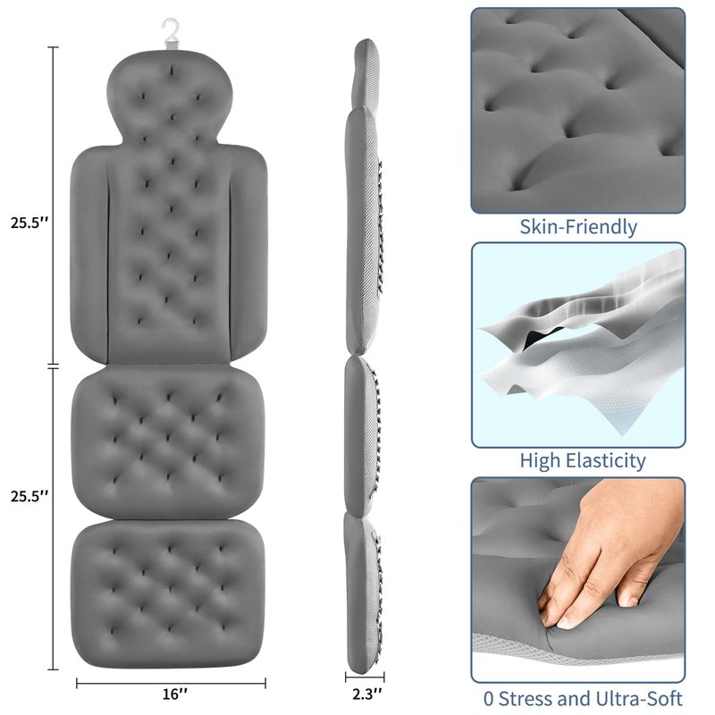 Bath Cushion, Full Body Bathtub Pillow with 160 Suction Cups, Bath Mat for Head and Neck Support, with Laundry Bag (Dark Gray, 56" x 16")