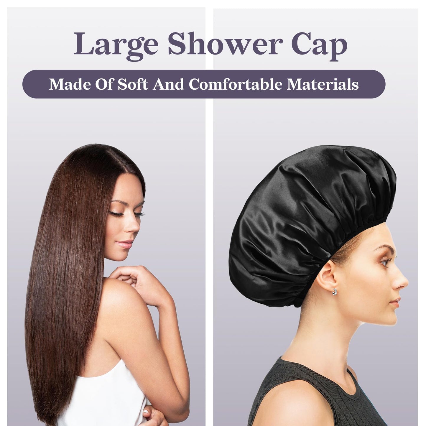 Yonchic Three-Layer Terry Cloth Lined Satin Shower Cap, with Silk Hair Ties, Microfiber Waterproof Reusable Large Size Shower Cap for Women Long Thick Hair (Black)