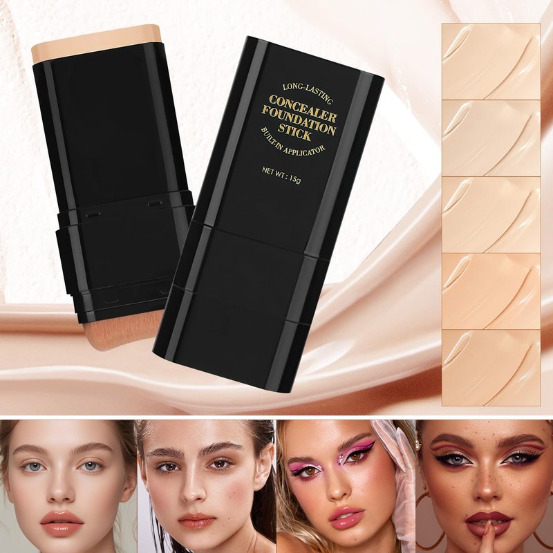 Long-Lasting Concealer Foundation Stick - Full Coverage 2-in-1 Contour & Brush | Natural Shade (02)