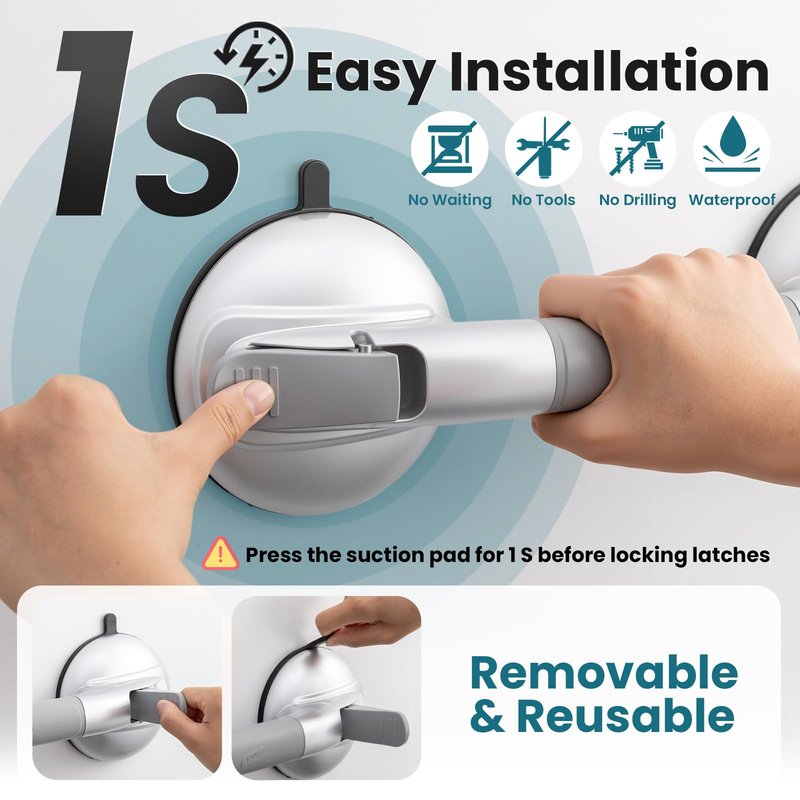 TAILI Grab Bars for Bathtubs and Showers,2 Pack Shower Handles for Elderly Suction,Maximum 330lbs,Shower Bar with Upgraded Rubber Suction Cups,Safety Grip for Senior, No Drilling Removable,Silver