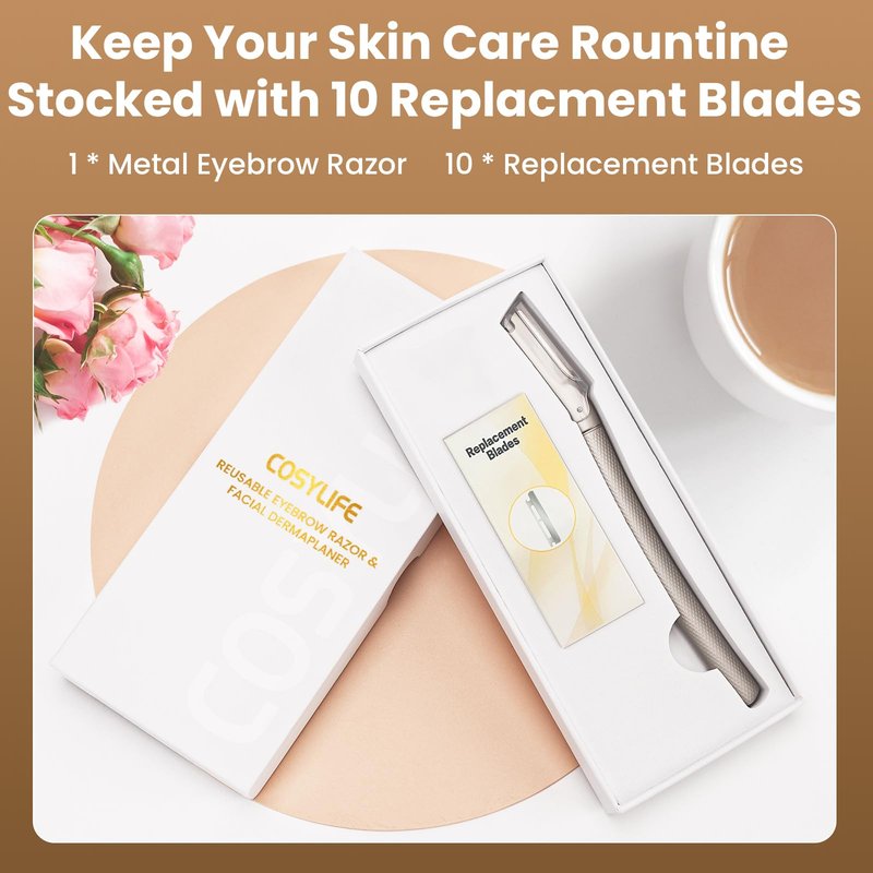 COSYLIFE Eyebrow Razor Dermaplaning Tool with 10 Blade Refills Exfoliating Face Razors for Women Facial Razor for Peach Fuzz and Eyebrow Hair Removal